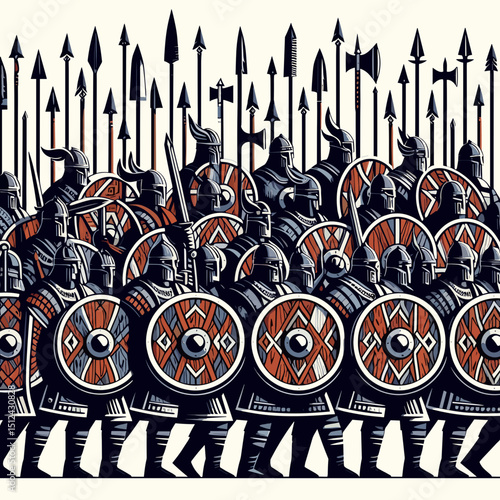 Phalanx of ancient warriors marching in formation with shields and spears, showcasing strength and unity