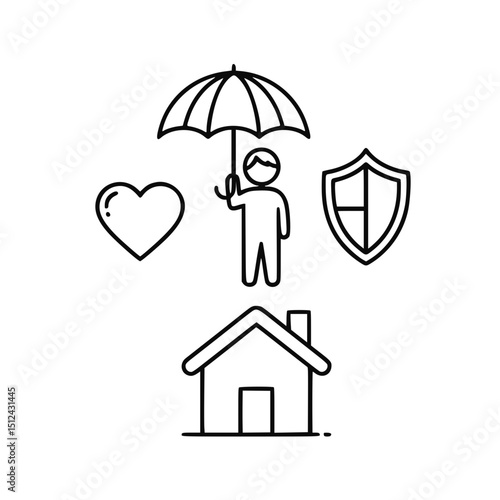 Person protected by umbrella, heart, and shield above house, for insurance concept
