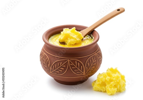 Ghee in clay pot with wooden spoon isolated on white background