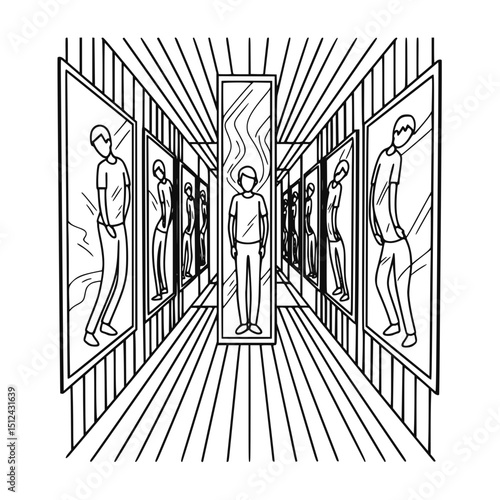 Funhouse mirror hallway in black and white line art, black and white illustration for psychology concepts