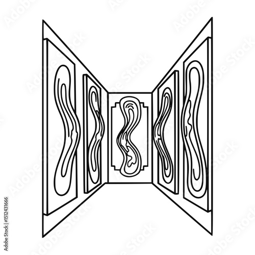Funhouse mirror hallway in black and white line art, for amusement park design