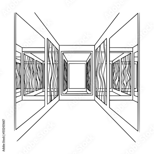 Funhouse mirror hallway in black and white line art, for website design