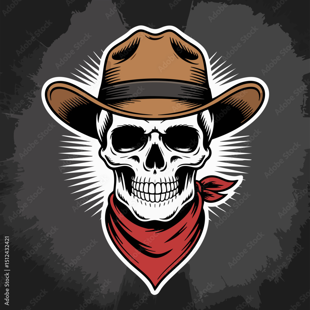 Cowboy Skull with Hat and Bandana – Black and White Western Tattoo Style Vector Illustration Cowboy Skull with Hat and Bandana – Black and White Western Tattoo Style Vector Illustration