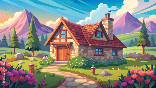 Cozy village house with wooden roof, stone walls, and blooming flowers. A peaceful countryside view surrounds the rustic structure, blending nature, tradition, and handmade architectural charm.

