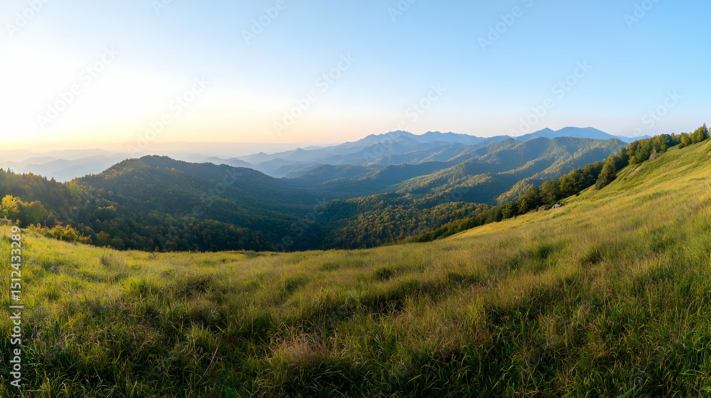 Fototapeta premium Panoramic View Of Mountain Valley At Sunrise