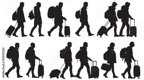 Man Pushing luggage Silhouette Vectors , black silhouettes isolated on white background