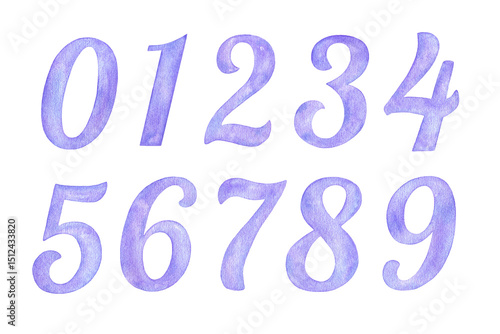Hand painted watercolor Violet numbers 0-9 isolated on a white background.