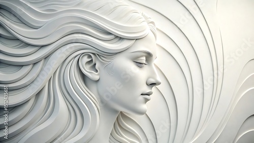 A serene portrait of a classical woman in a minimalist style depicting grace and elegance with flowing sculpted hair
