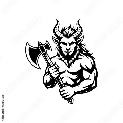 Mythic Creature with Axe: A formidable mythical creature, exuding raw power with imposing horns, a full beard, and holding a battle axe. This monochrome illustration captures the essence of strength.