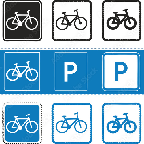 Variety of Bicycle and Parking Signs in Different Styles and Colors