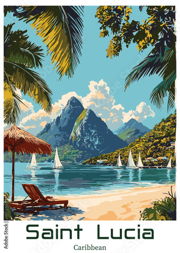 Saint Lucia Caribbean Landscape Vector Illustration.