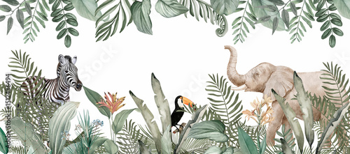 Fototapeta Naklejka Na Ścianę i Meble -  Tropical Animal Mural: Zebras, Elephants, Toucan Amidst Vibrant Green Foliage