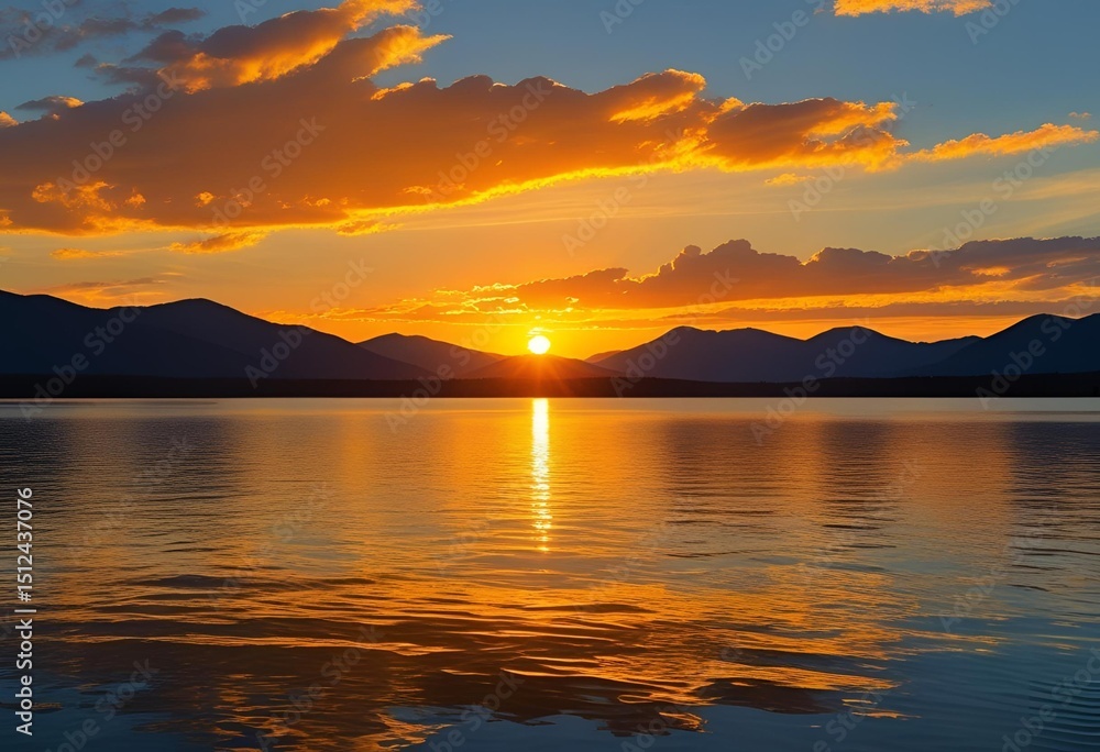 Fototapeta premium Golden sunset over a tranquil lake, with mountains silhouetted against a vibrant, cloud-filled sky.