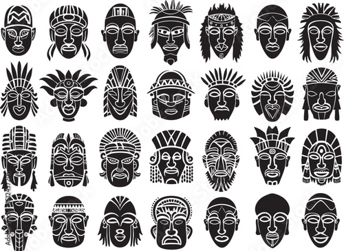Monochrome Tribal Vector Icons – Abstract Warrior Faces, Hand-Drawn Ethnic Symbols, Linear Tribal Patterns (African, Native American, Polynesian Styles)