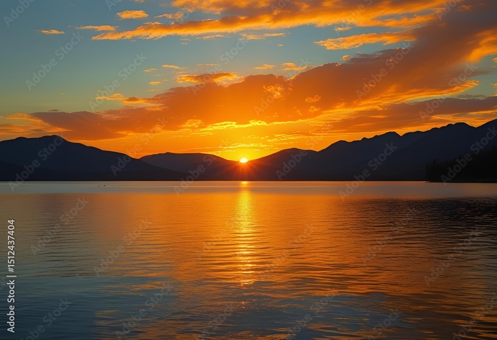 Fototapeta premium Golden sunset over a tranquil lake, with mountains silhouetted against a vibrant, cloud-filled sky.
