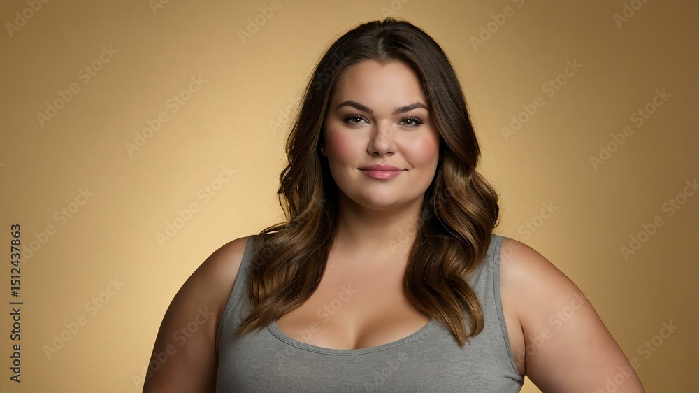 Obraz premium Plus size Caucasian woman plain gold background, looking proud
