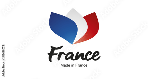 Made in France logo, sticker. Abstract France flag and ribbon in shape of leaf flower with handwritten typography lettering