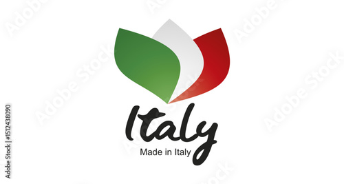Made in Italy logo, sticker. Abstract Italy flag and ribbon in shape of leaf flower with handwritten typography lettering
