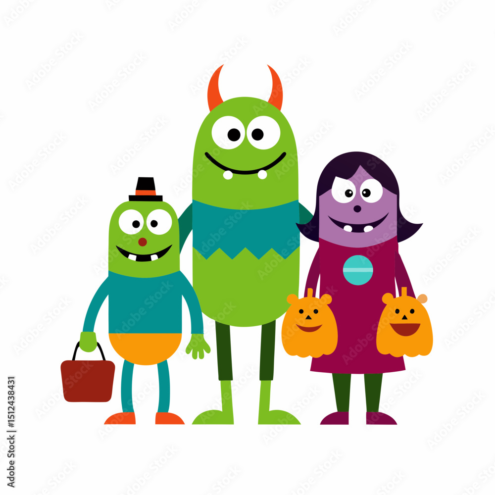 Obraz premium Cartoon Monsters Trick or Treating on Halloween in Costume Together