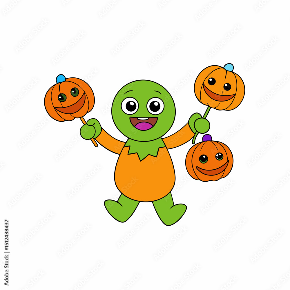 Obraz premium Cartoon Monster with Pumpkin Lollipops for Halloween Celebration Illustration