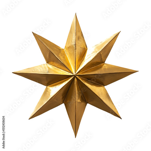 Golden Eight-Pointed Star: Festive Decoration, Holiday Ornament, Brass Starburst, Celestial Design Element on white background