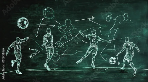 Soccer game tactical scheme with football players and strategy arrows. Vector chalk graphic on black board illustration , no logos, no brands