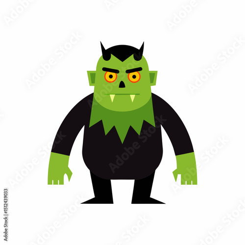 Cartoon Green Halloween Monster with Horns and Fangs on White Background