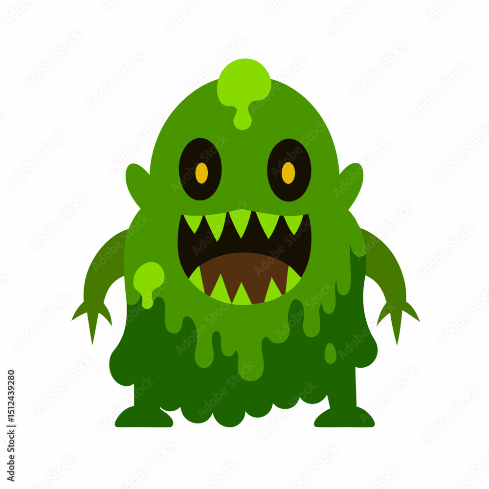Fototapeta premium Cartoon Green Slime Monster with Big Teeth and Yellow Eyes