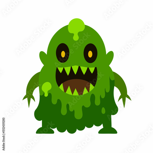 Cartoon Green Slime Monster with Big Teeth and Yellow Eyes