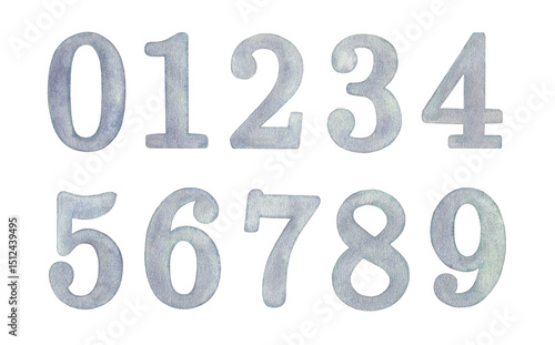 Hand painted watercolor Blue numbers 0-9 isolated on a white background.