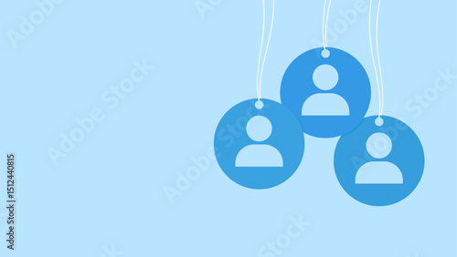Three hanging tags with user icons on a blue background symbolizing fragile balance or uncertainty in life or career, hanging by a thread.