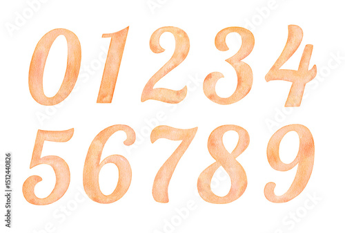 Hand painted watercolor Orange numbers 0-9 isolated on a white background.