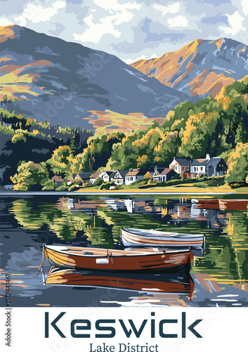 Keswick Lake District Vector Illustration. Scenic view of Derwentwater and mountains.