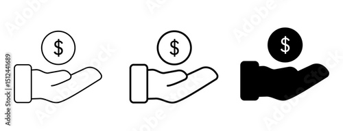 Hand with Dollar Coin Icons Set. Minimalist Money Savings and Finance Vector Linear Icons. Isolated Collection with Money, Dollar, Currency, Coins, Hand, Donation