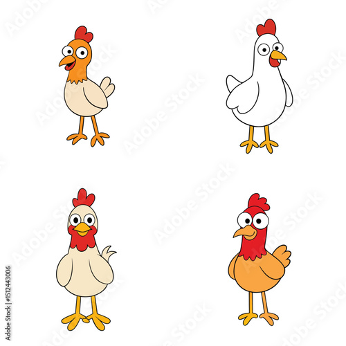 Four cartoon chickens with different color variations standing on a white background in a square layout