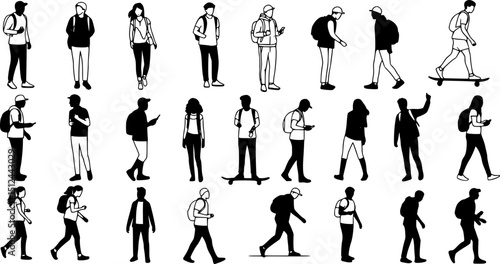 set of Silhouettes men, women, teenagers and children standing, walking, , skateboarding, linear sketch, black color, vector, group recreation people, students,  on white background