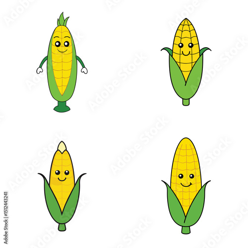 Four cartoon corn cobs with happy faces and green husks isolated on a white background illustration