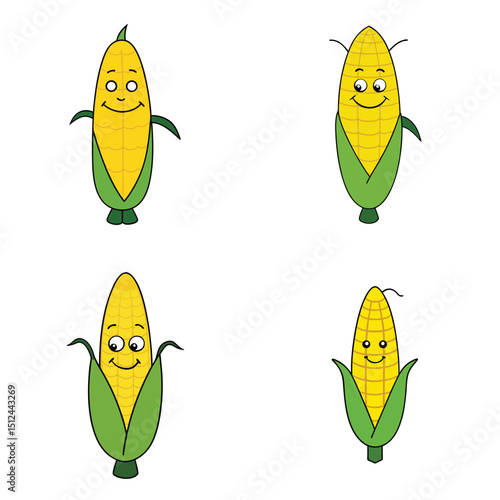 Four cartoon corn cobs with smiling faces and green husks arranged on a white background scene here