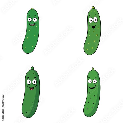 Four cartoon pickles with expressive faces arranged in a neat square pattern on white background