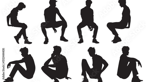 Man silhouette in various poses. Male silhouette sitting standing, black silhouettes isolated on white background 