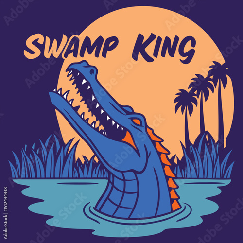Unleash your wild side with this "Swamp King" t-shirt design! Featuring a vibrant alligator against a moonlit swamp backdrop, it’s perfect for lovers of nature and bold adventures.