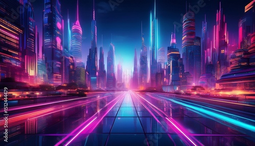 futuristic cityscape with neon lights illuminating modern skyscrapers creating a vibrant and immersive visual experience