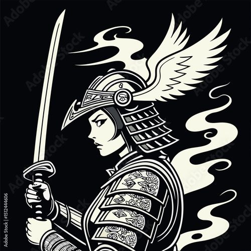 A striking monochrome design featuring a fierce warrior in traditional armor, wielding a sword with elegance. Perfect for t-shirts that embody strength, courage, and a touch of artistic flair.