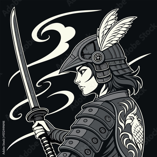 A striking monochrome design featuring a fierce warrior in traditional armor, wielding a sword with elegance. Perfect for t-shirts that embody strength, courage, and a touch of artistic flair.