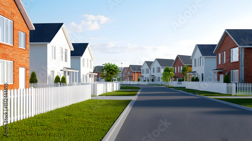 Suburban Street Scene With White Picket Fences
