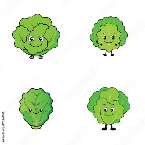 Four cartoon lettuces with faces and limbs arranged on a white background in a square pattern