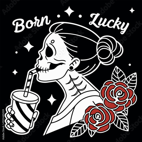 Celebrate life with this vibrant t-shirt design featuring a stylish skeleton woman, sipping a drink among beautiful roses. "Born Lucky" adds a playful touch to your casual wardrobe.