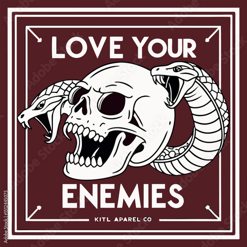 Embrace the bold with our "Love Your Enemies" t-shirt. This striking design features a skull and snakes, merging edgy aesthetics with a powerful message. Perfect for anyone who defies norms