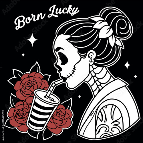 Celebrate life with this vibrant t-shirt design featuring a stylish skeleton woman, sipping a drink among beautiful roses. "Born Lucky" adds a playful touch to your casual wardrobe.