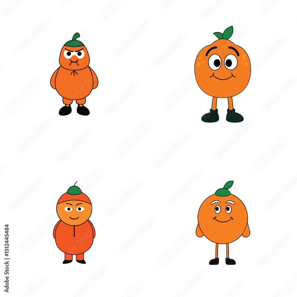 Obraz premium Four cartoon oranges with different expressions standing on a white background in a square layout